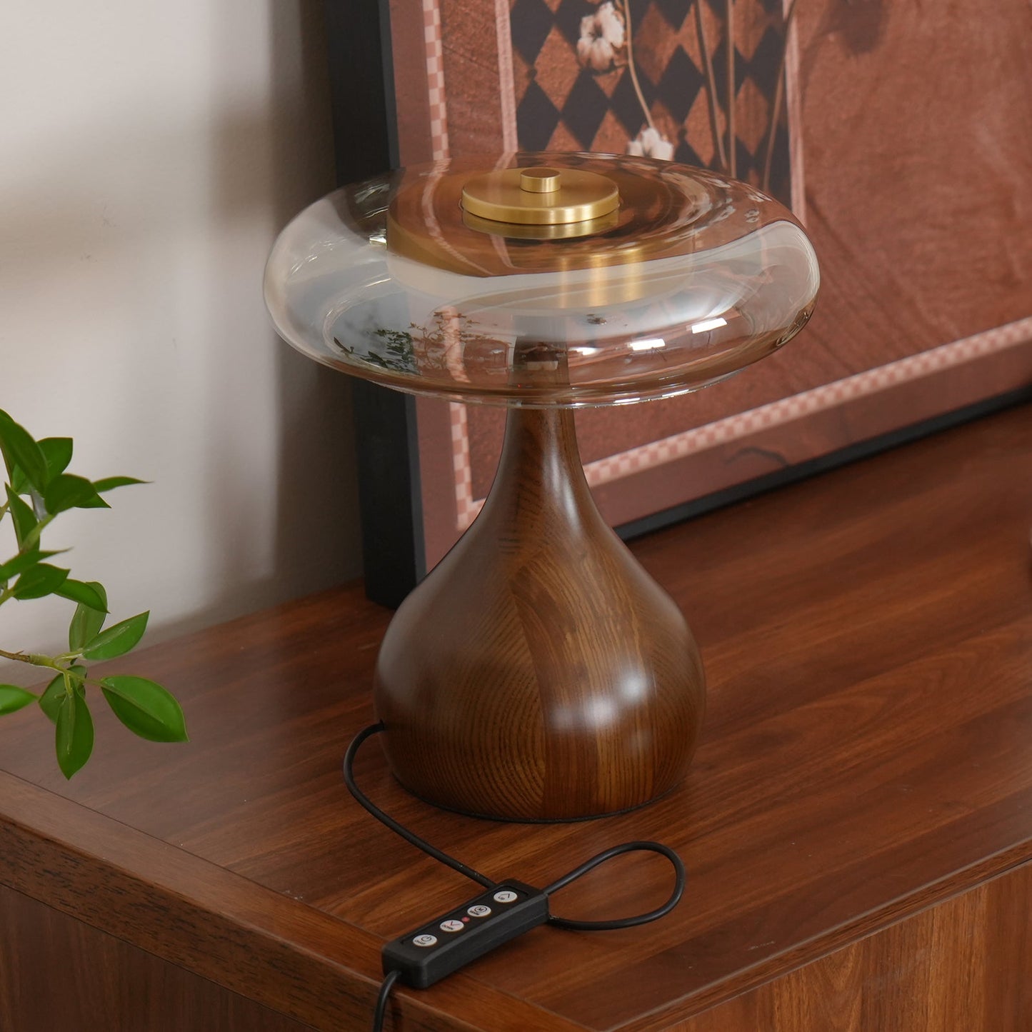 Cognac Glass and Walnut Table Lamp