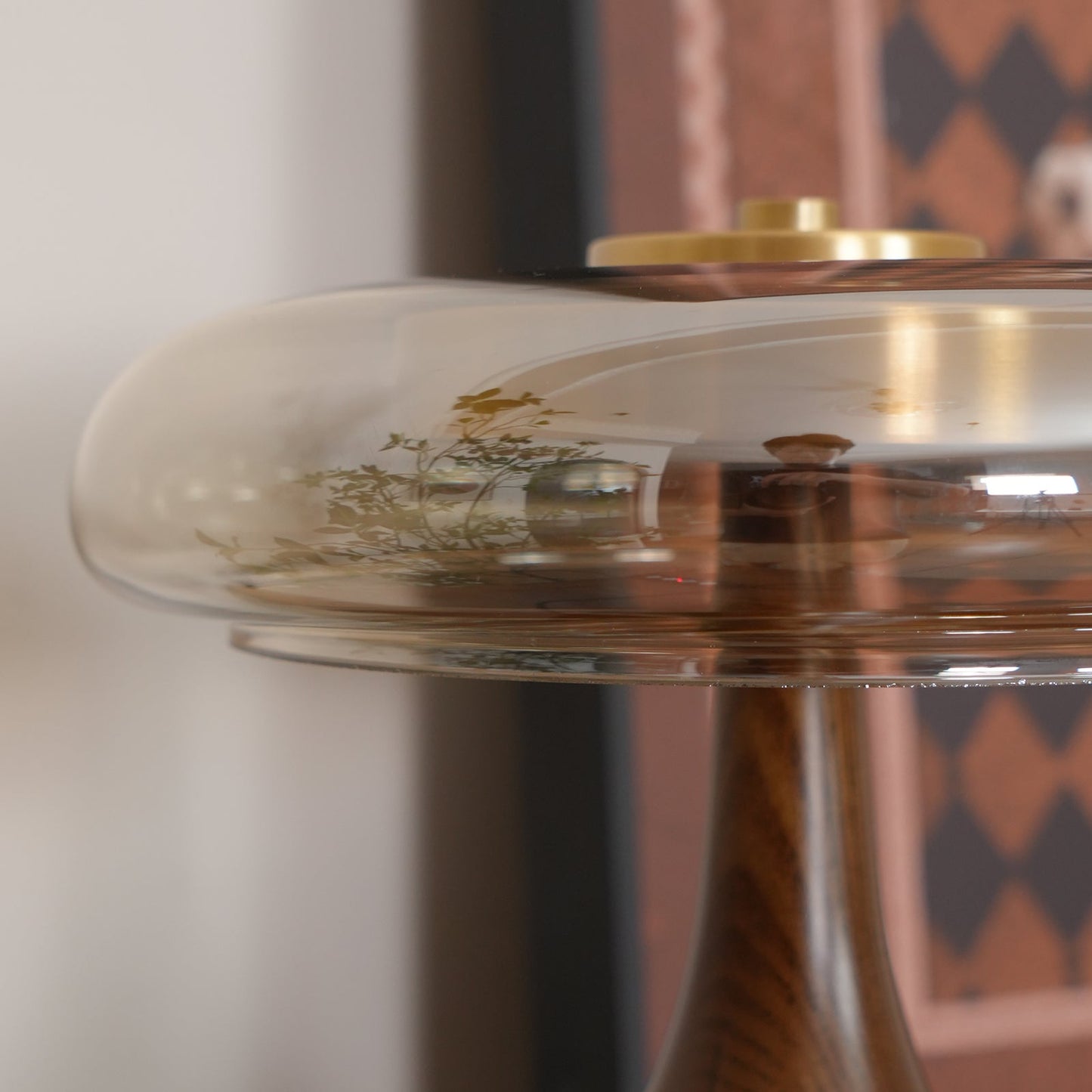 Cognac Glass and Walnut Table Lamp