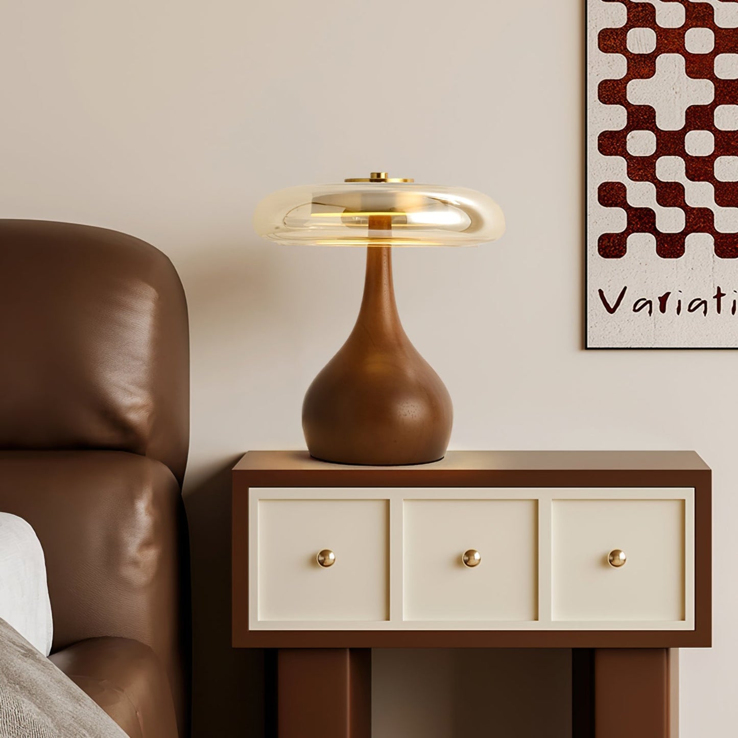 Cognac Glass and Walnut Table Lamp