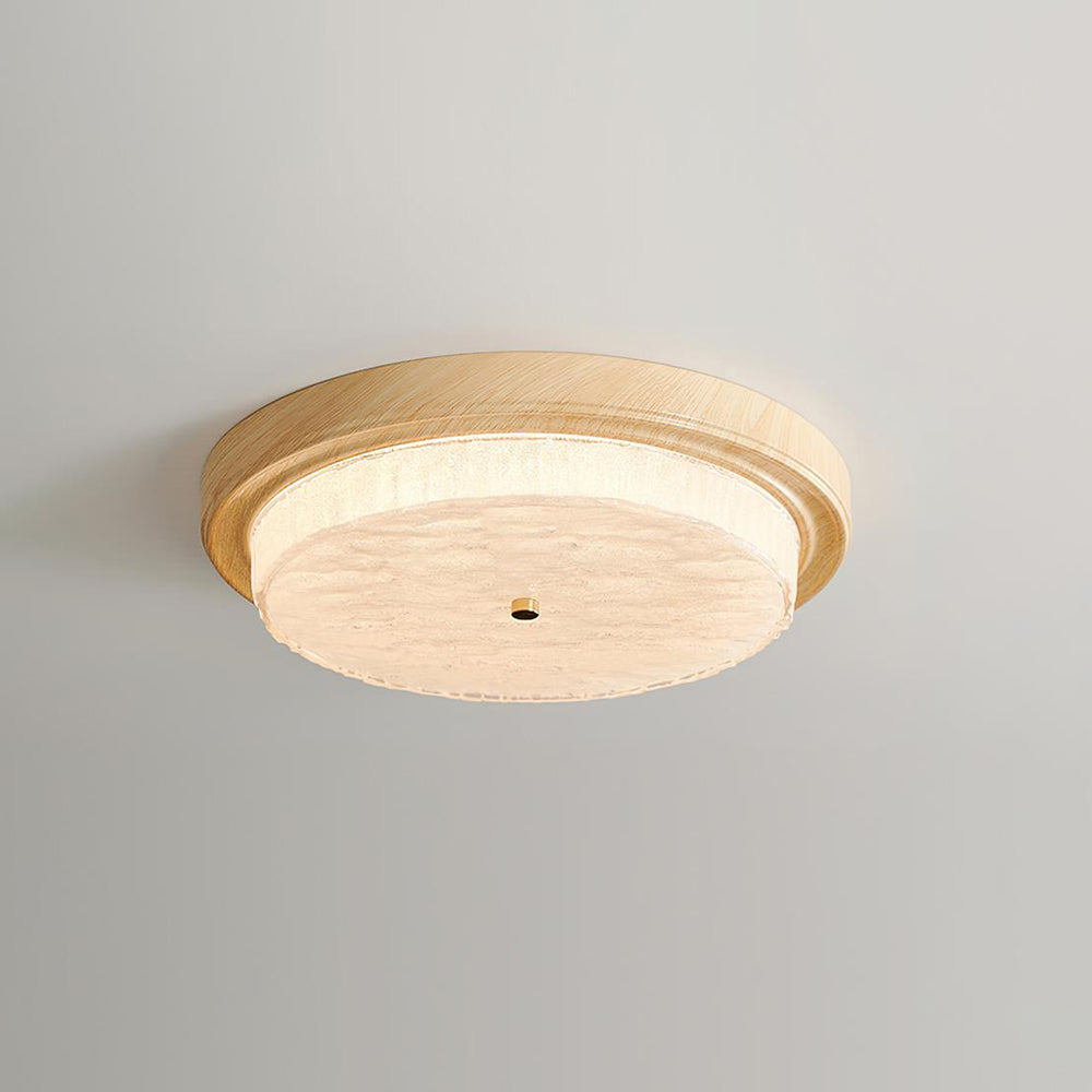 Round Glass & Wood Flush Mount Ceiling Light