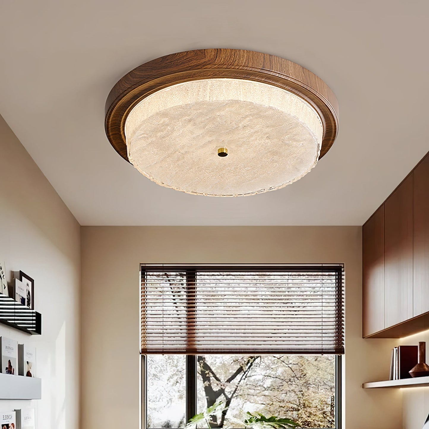 Round Glass & Wood Flush Mount Ceiling Light