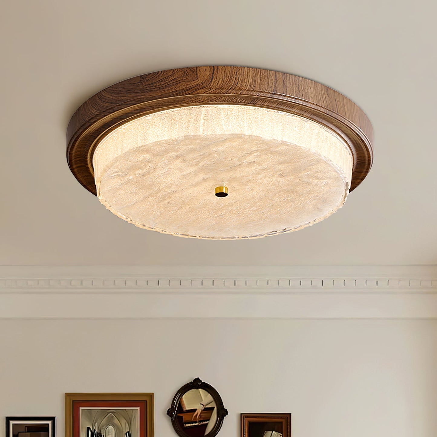 Round Glass & Wood Flush Mount Ceiling Light