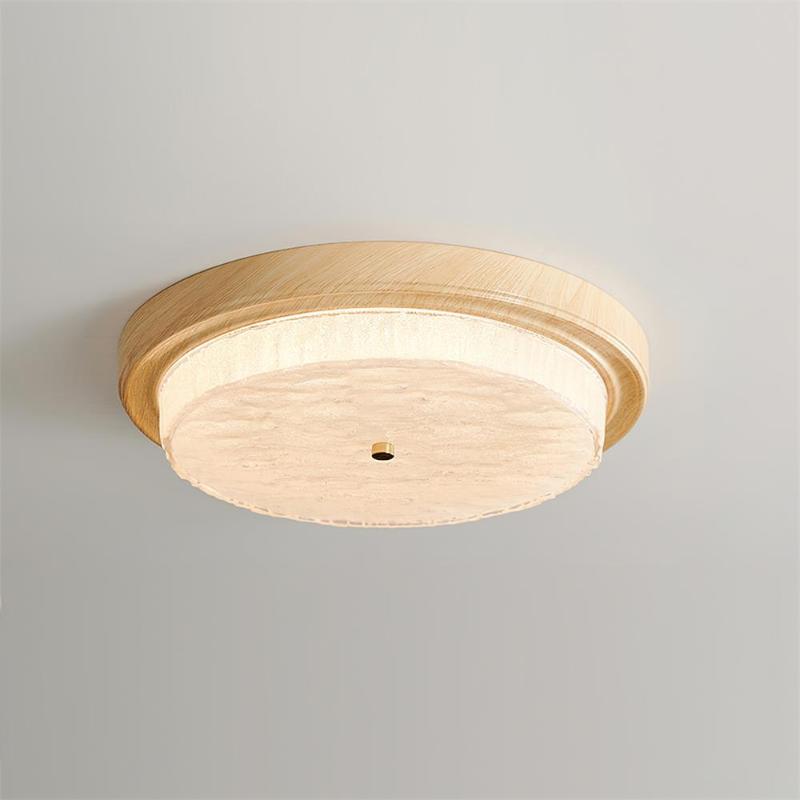 Round Glass & Wood Flush Mount Ceiling Light