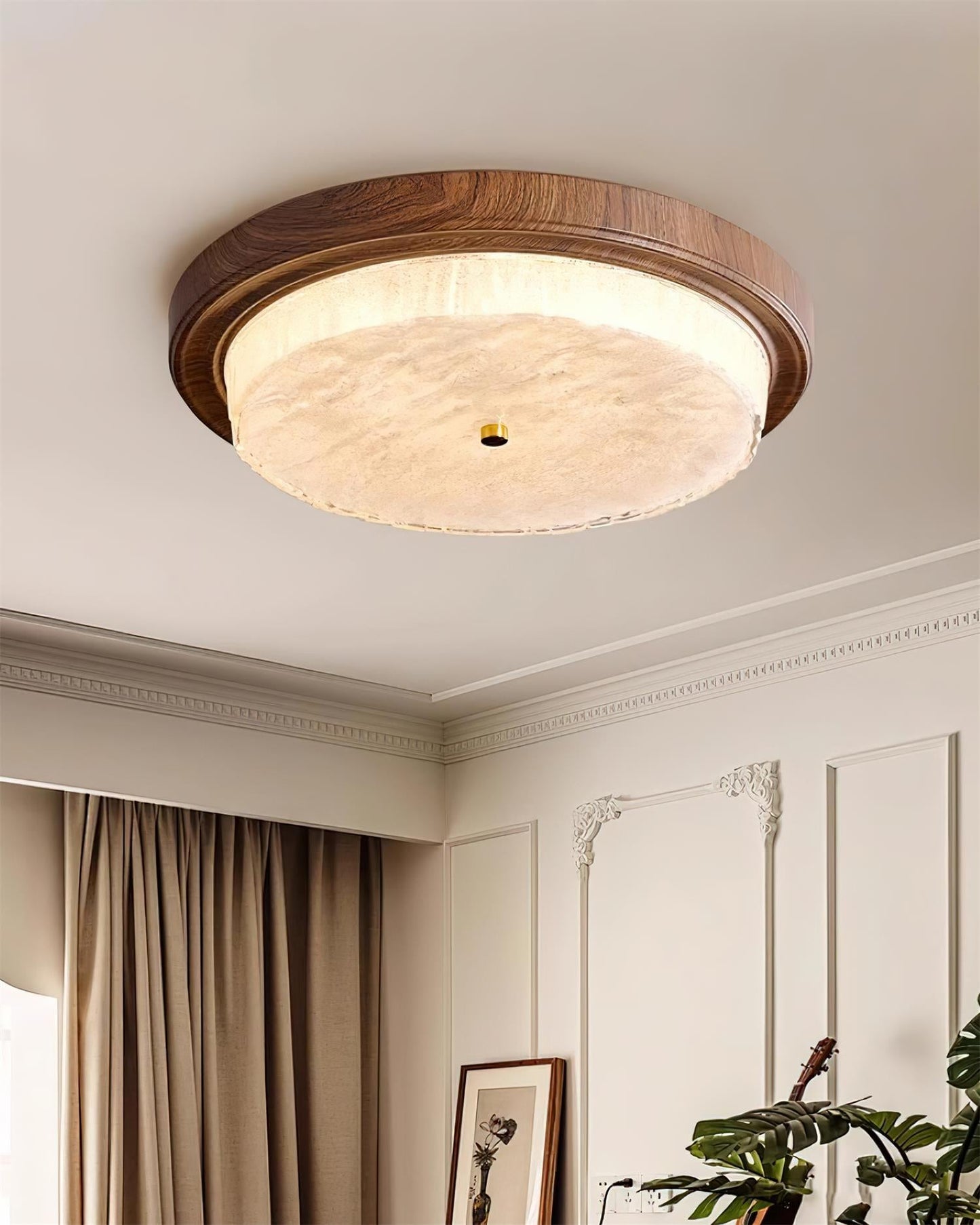 Round Glass & Wood Flush Mount Ceiling Light