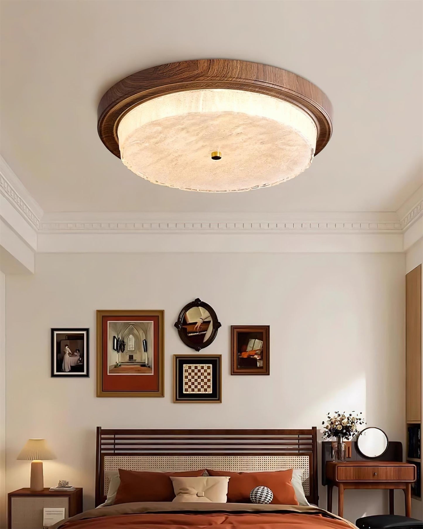 Round Glass & Wood Flush Mount Ceiling Light
