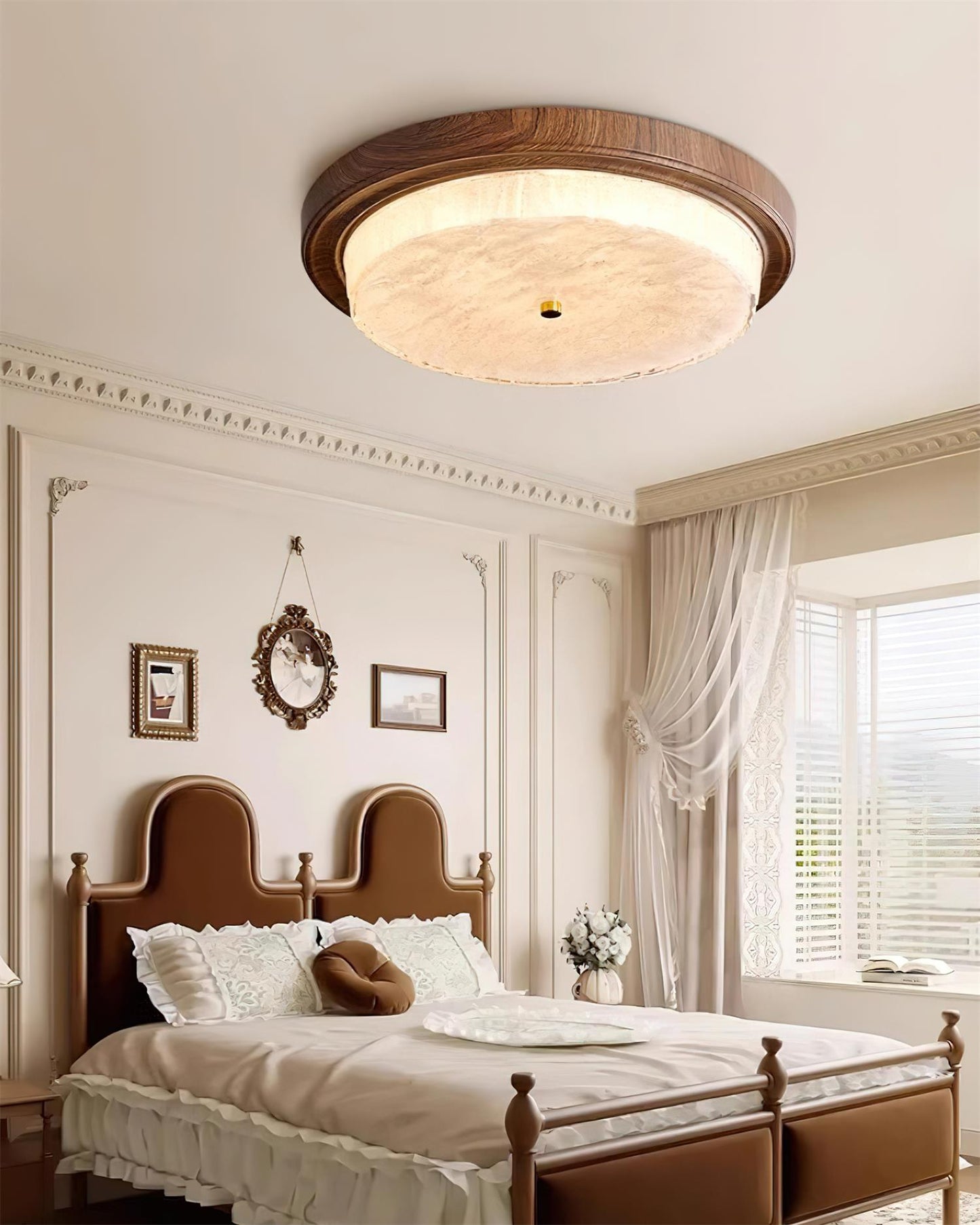 Round Glass & Wood Flush Mount Ceiling Light