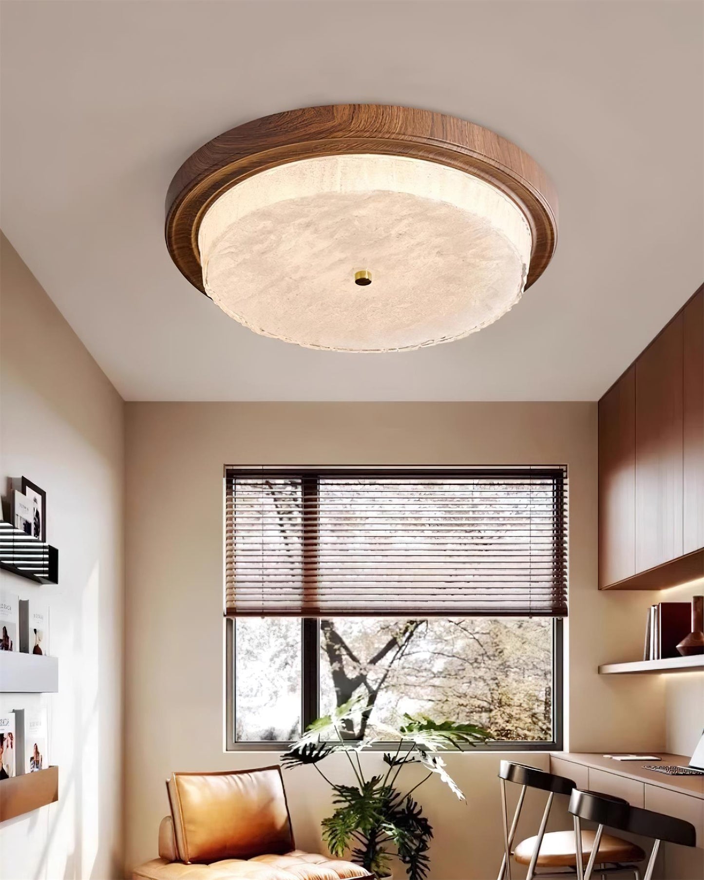 Round Glass & Wood Flush Mount Ceiling Light