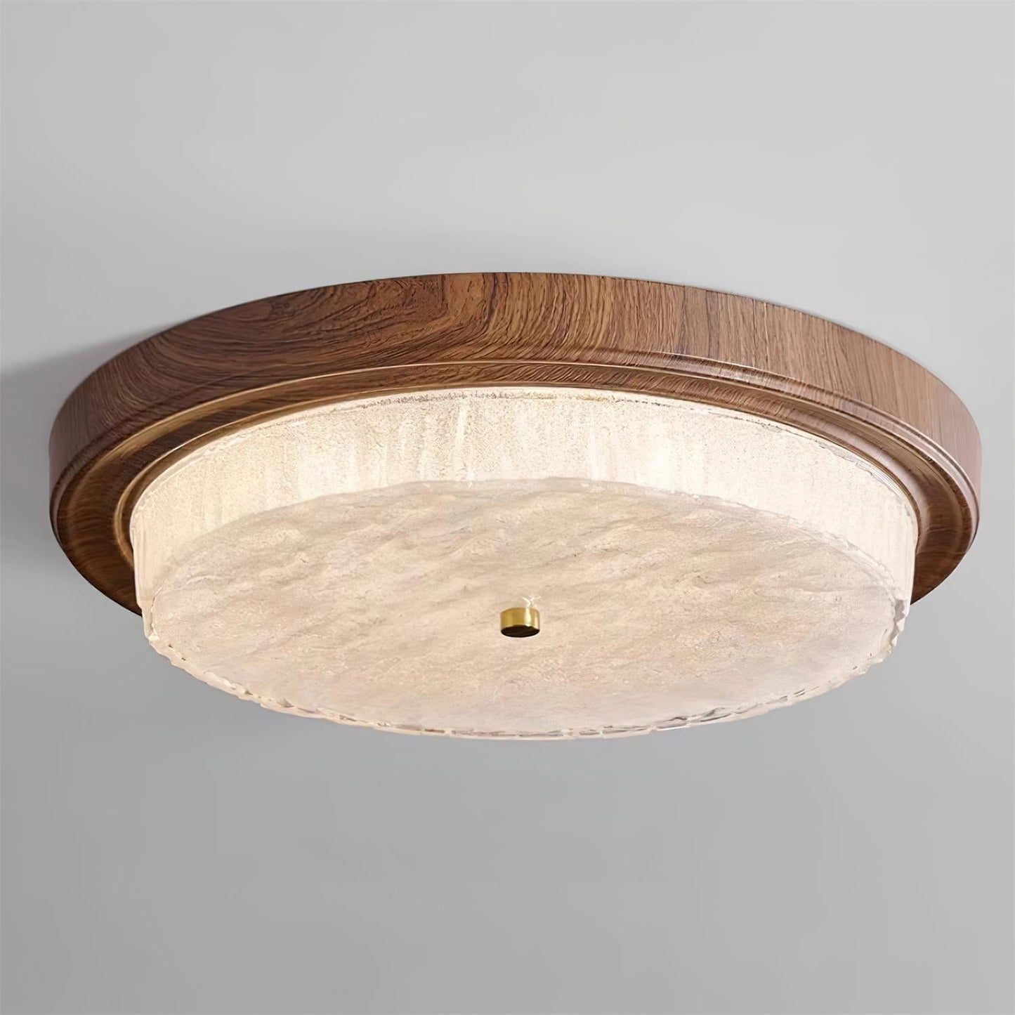 Round Glass & Wood Flush Mount Ceiling Light