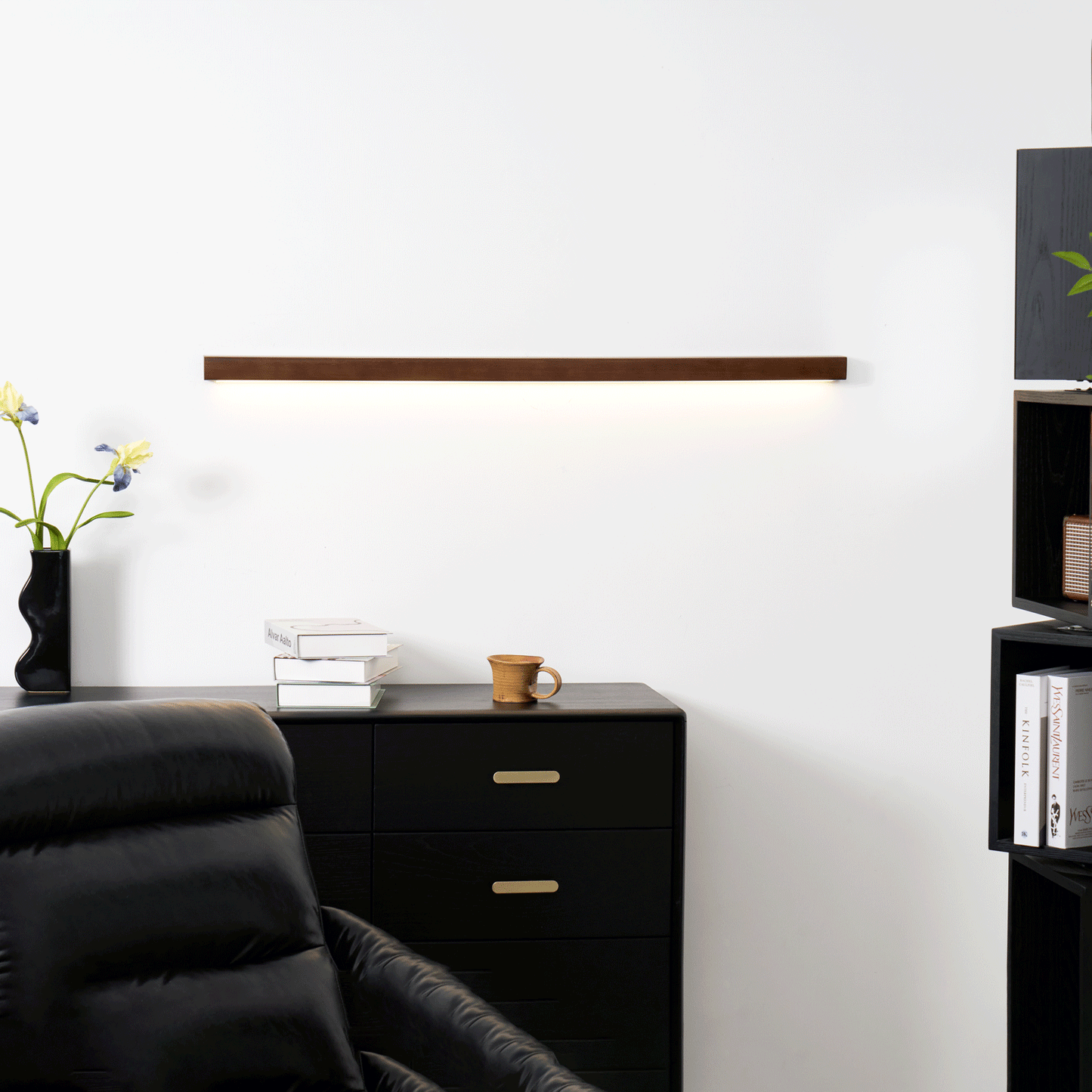 Linear Wood Wall Light — Wood-Tone Modern Minimalist LED Wall and Ceiling Light for Hallway, Living Room, Bedroom, Kitchen and Home Office, Dimmable Aisle Light