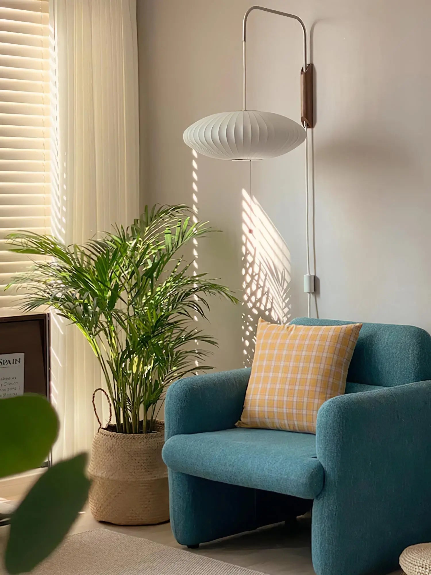Silk Shade Flying Saucer Wall Sconce — Mid-Century Modern LED Wall Lamp with Swing Arm for Bedroom, Living Room, Study and Reading Nook, Walnut and Chrome Accent Erbstuk