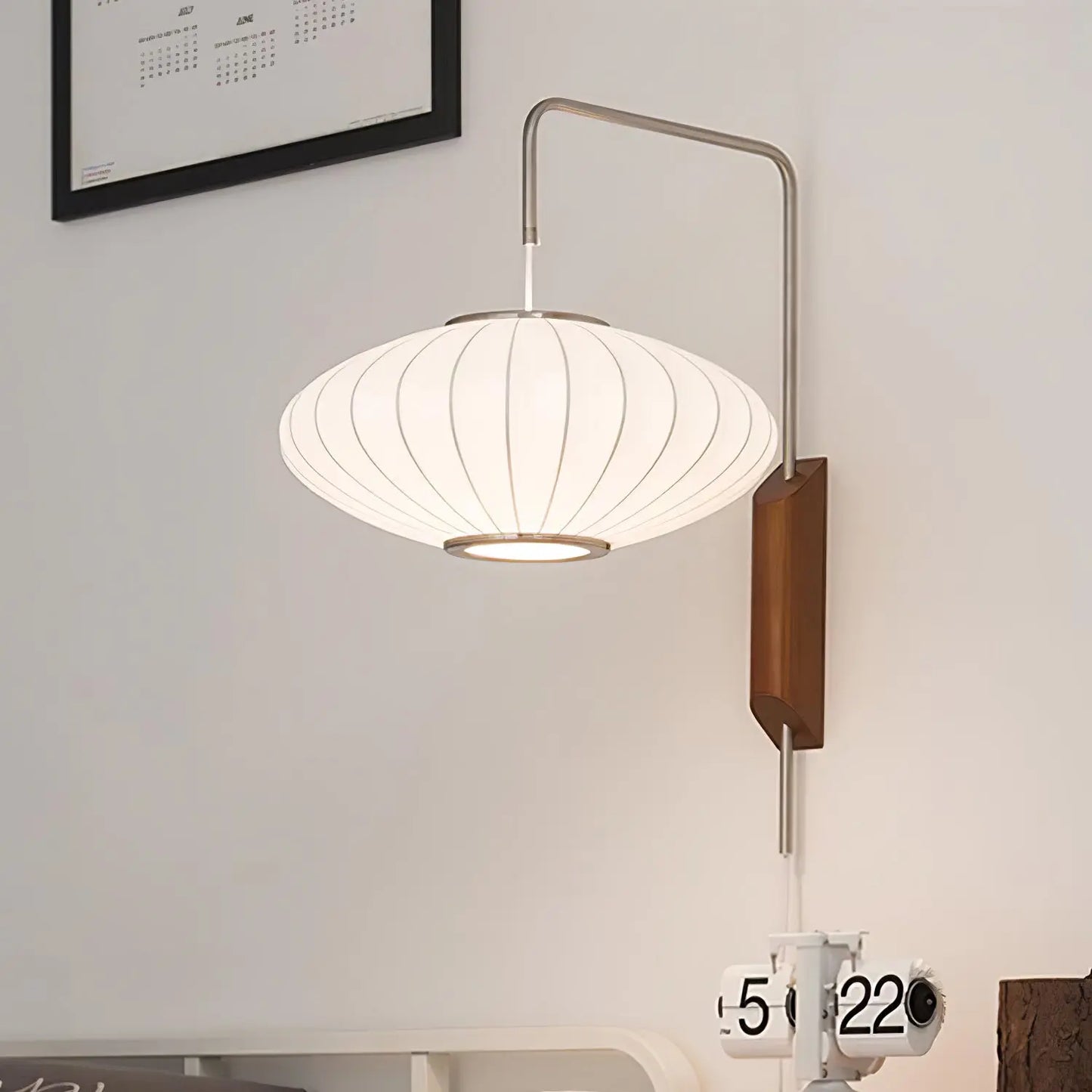Silk Shade Flying Saucer Wall Sconce — Mid-Century Modern LED Wall Lamp with Swing Arm for Bedroom, Living Room, Study and Reading Nook, Walnut and Chrome Accent Erbstuk
