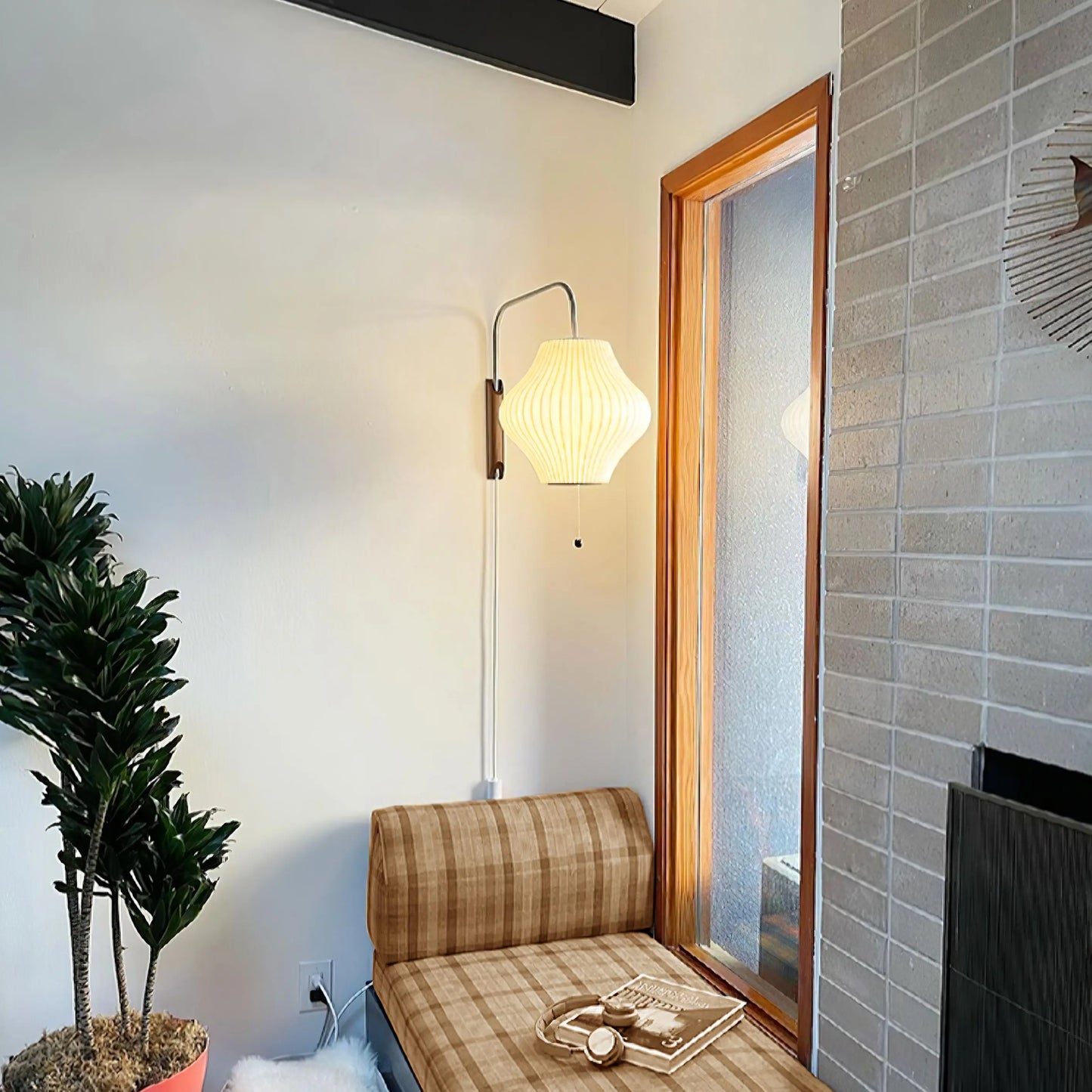 Silk Shade Flying Saucer Wall Sconce — Mid-Century Modern LED Wall Lamp with Swing Arm for Bedroom, Living Room, Study and Reading Nook, Walnut and Chrome Accent Erbstuk