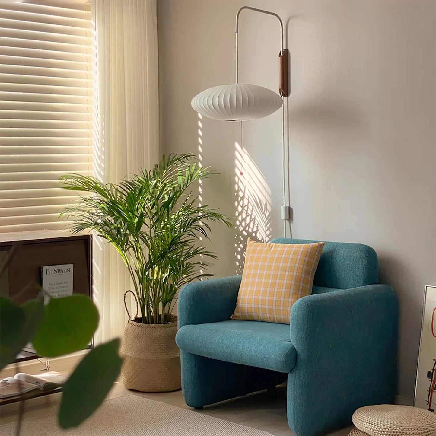 Silk Shade Flying Saucer Wall Sconce — Mid-Century Modern LED Wall Lamp with Swing Arm for Bedroom, Living Room, Study and Reading Nook, Walnut and Chrome Accent Erbstuk