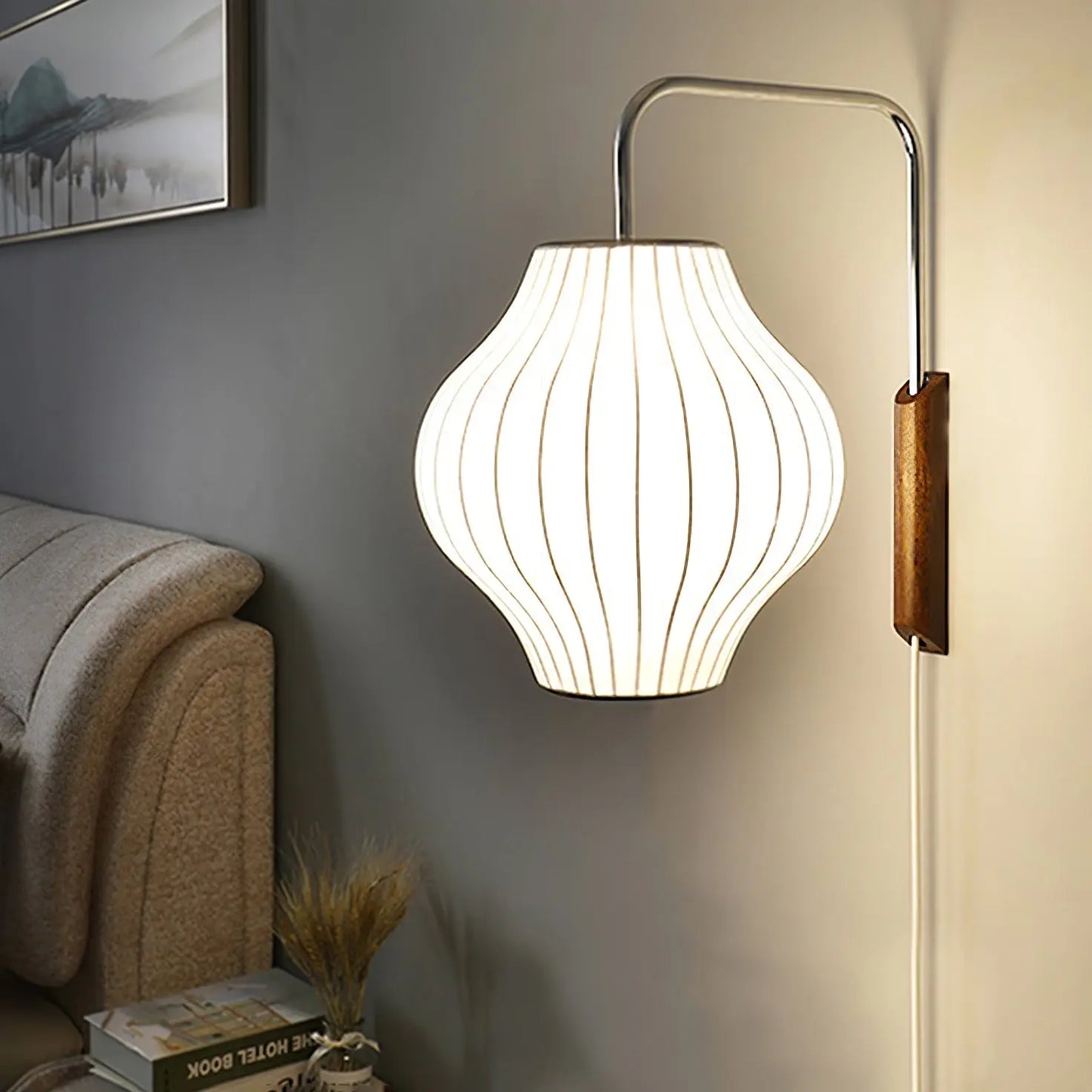 Silk Shade Flying Saucer Wall Sconce — Mid-Century Modern LED Wall Lamp with Swing Arm for Bedroom, Living Room, Study and Reading Nook, Walnut and Chrome Accent Erbstuk