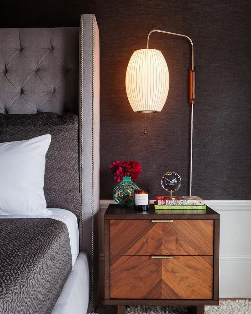 Silk Shade Flying Saucer Wall Sconce — Mid-Century Modern LED Wall Lamp with Swing Arm for Bedroom, Living Room, Study and Reading Nook, Walnut and Chrome Accent Erbstuk