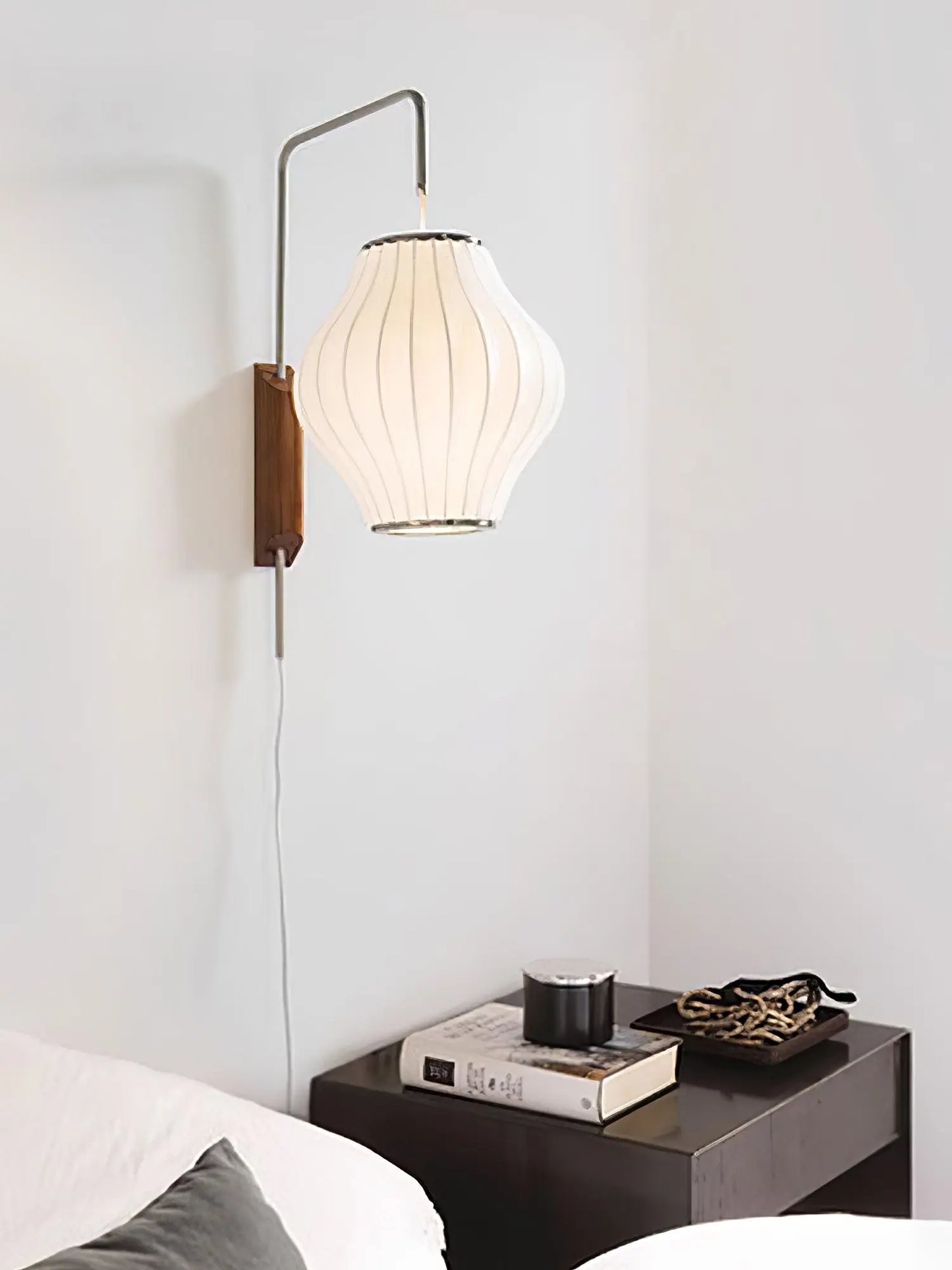 Silk Shade Flying Saucer Wall Sconce — Mid-Century Modern LED Wall Lamp with Swing Arm for Bedroom, Living Room, Study and Reading Nook, Walnut and Chrome Accent Erbstuk