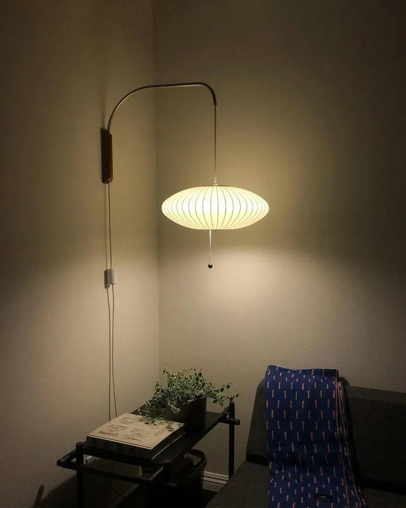 Silk Shade Flying Saucer Wall Sconce — Mid-Century Modern LED Wall Lamp with Swing Arm for Bedroom, Living Room, Study and Reading Nook, Walnut and Chrome Accent Erbstuk