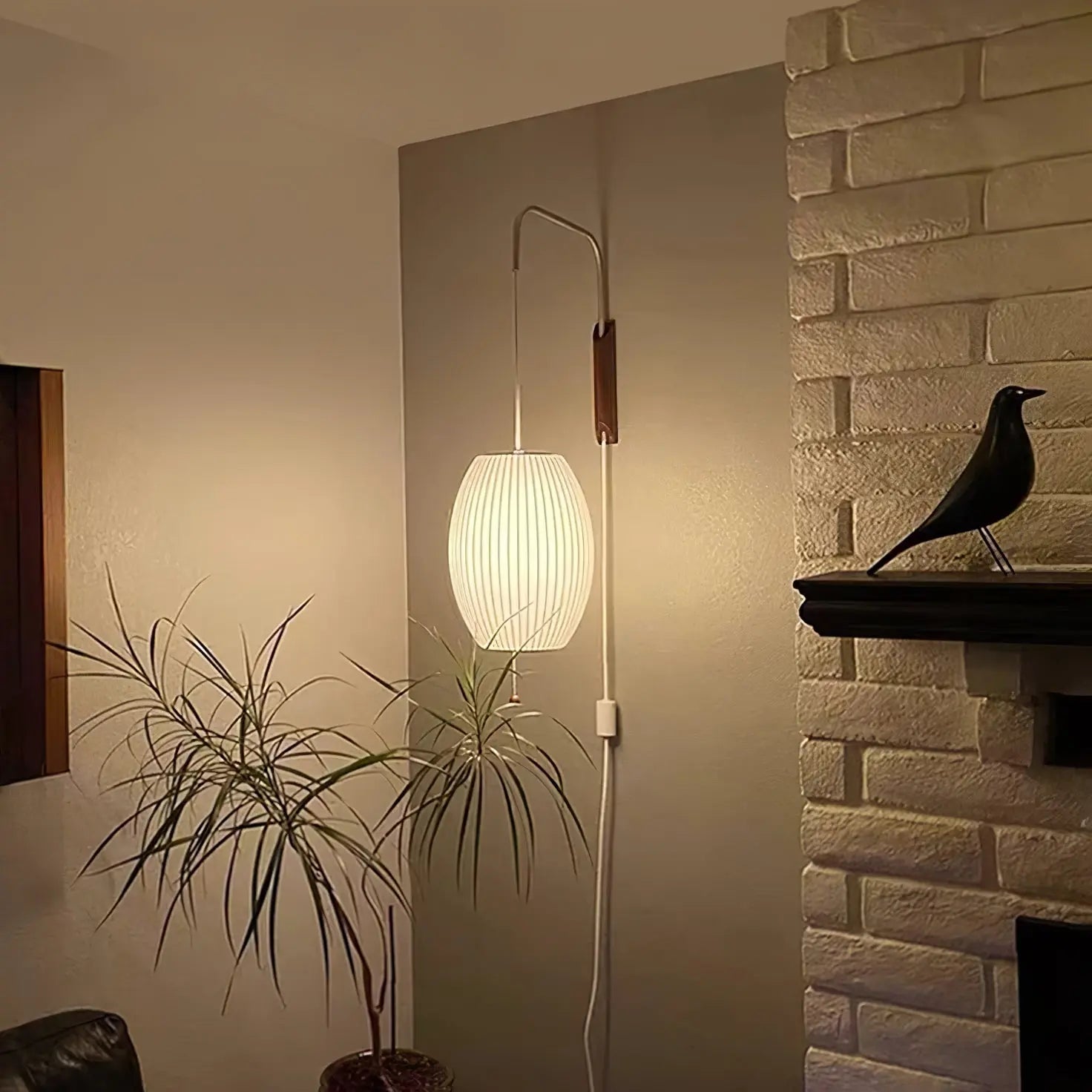 Silk Shade Flying Saucer Wall Sconce — Mid-Century Modern LED Wall Lamp with Swing Arm for Bedroom, Living Room, Study and Reading Nook, Walnut and Chrome Accent Erbstuk