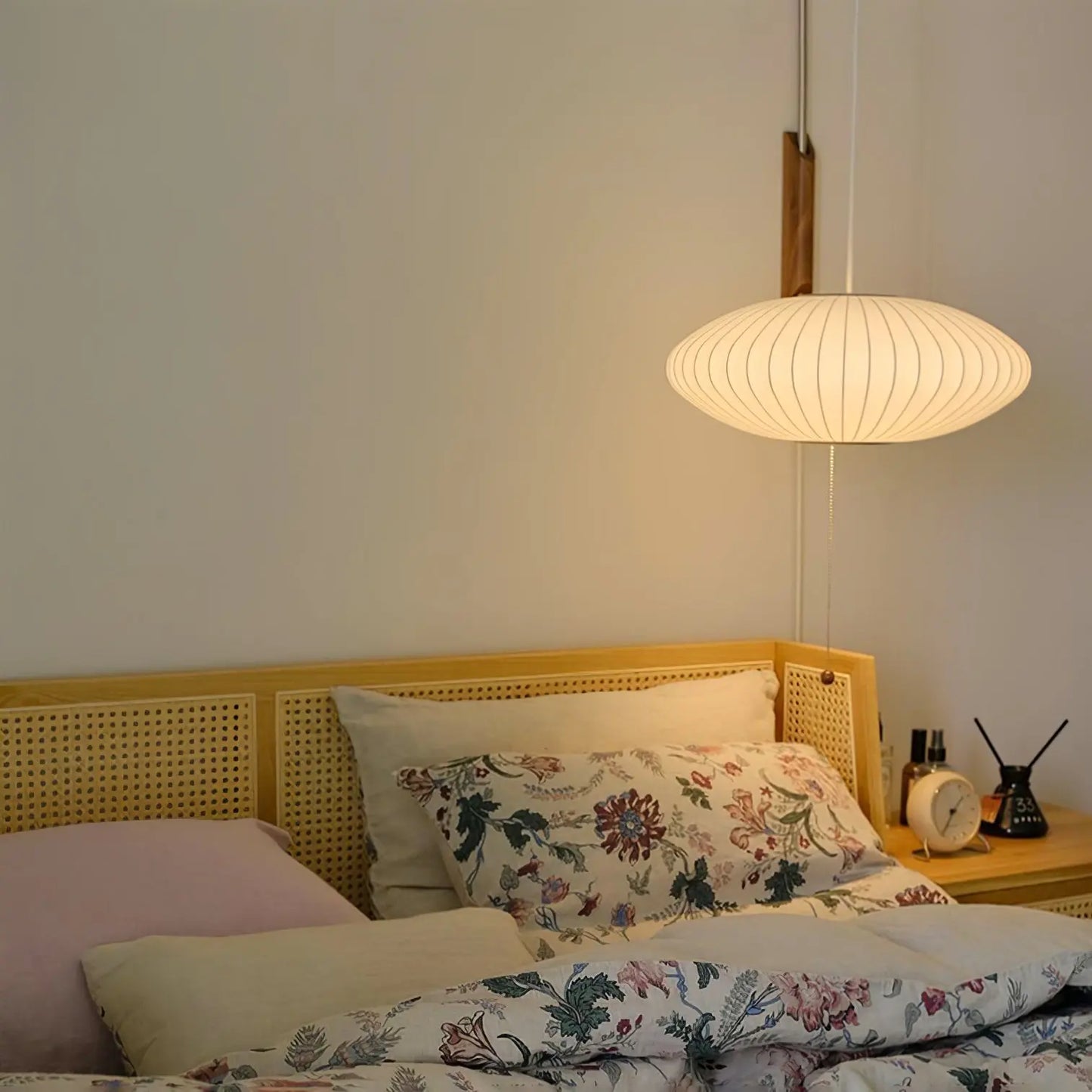 Silk Shade Flying Saucer Wall Sconce — Mid-Century Modern LED Wall Lamp with Swing Arm for Bedroom, Living Room, Study and Reading Nook, Walnut and Chrome Accent Erbstuk