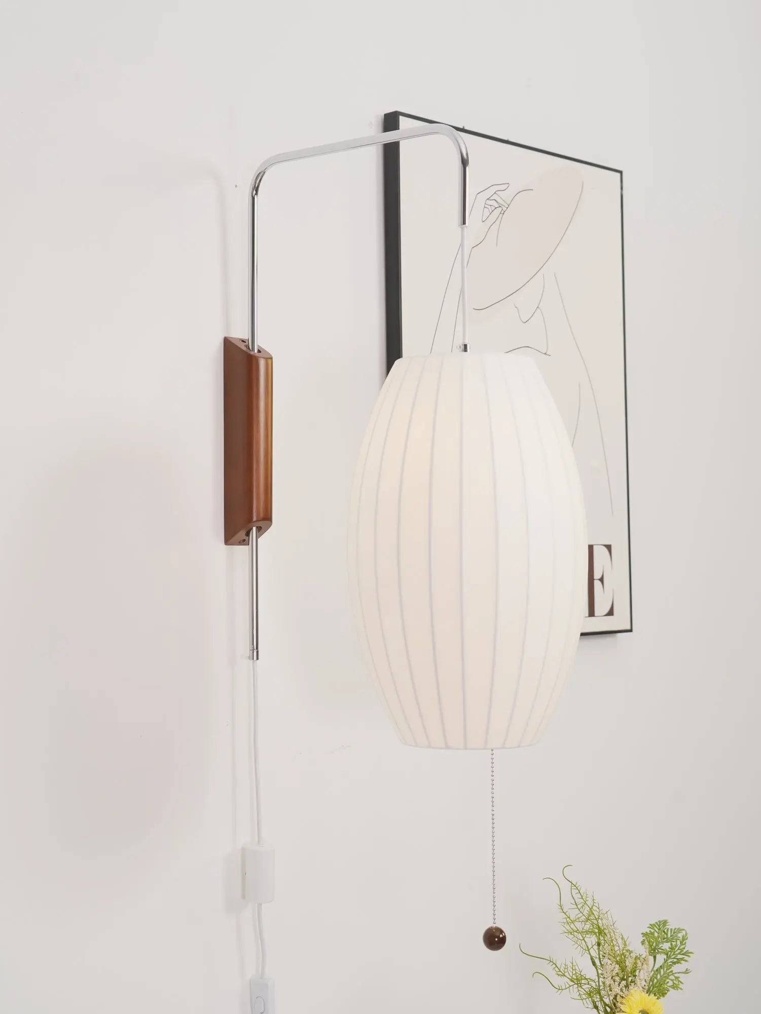 Silk Shade Flying Saucer Wall Sconce — Mid-Century Modern LED Wall Lamp with Swing Arm for Bedroom, Living Room, Study and Reading Nook, Walnut and Chrome Accent Erbstuk