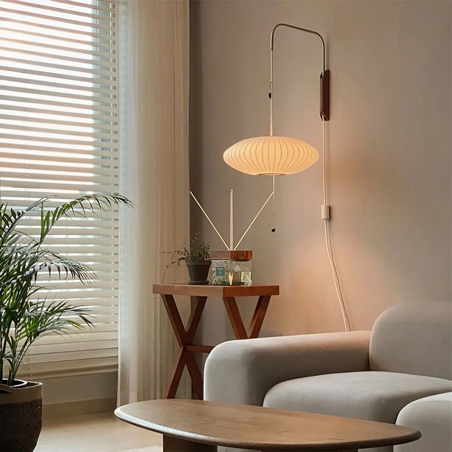 Silk Shade Flying Saucer Wall Sconce — Mid-Century Modern LED Wall Lamp with Swing Arm for Bedroom, Living Room, Study and Reading Nook, Walnut and Chrome Accent Erbstuk