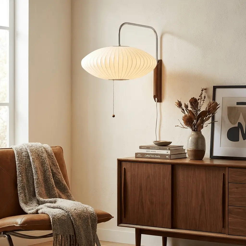 Silk Shade Flying Saucer Wall Sconce — Mid-Century Modern LED Wall Lamp with Swing Arm for Bedroom, Living Room, Study and Reading Nook, Walnut and Chrome Accent Erbstuk