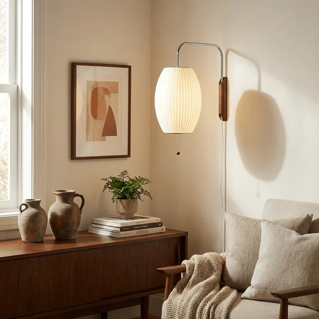 Silk Shade Flying Saucer Wall Sconce — Mid-Century Modern LED Wall Lamp with Swing Arm for Bedroom, Living Room, Study and Reading Nook, Walnut and Chrome Accent Erbstuk