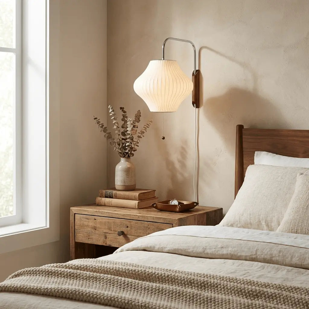 Silk Shade Flying Saucer Wall Sconce — Mid-Century Modern LED Wall Lamp with Swing Arm for Bedroom, Living Room, Study and Reading Nook, Walnut and Chrome Accent Erbstuk