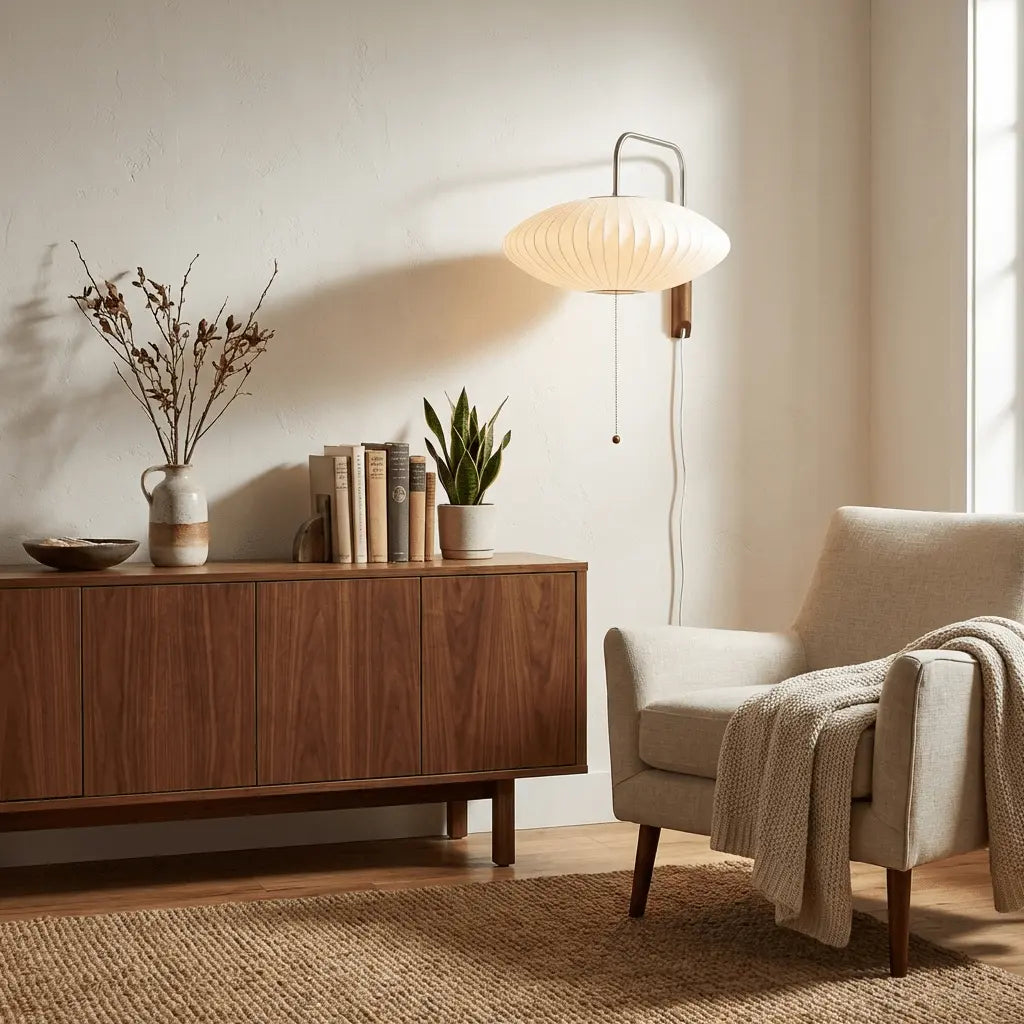 Silk Shade Flying Saucer Wall Sconce — Mid-Century Modern LED Wall Lamp with Swing Arm for Bedroom, Living Room, Study and Reading Nook, Walnut and Chrome Accent Erbstuk