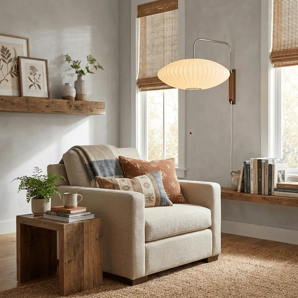 Silk Shade Flying Saucer Wall Sconce — Mid-Century Modern LED Wall Lamp with Swing Arm for Bedroom, Living Room, Study and Reading Nook, Walnut and Chrome Accent Erbstuk