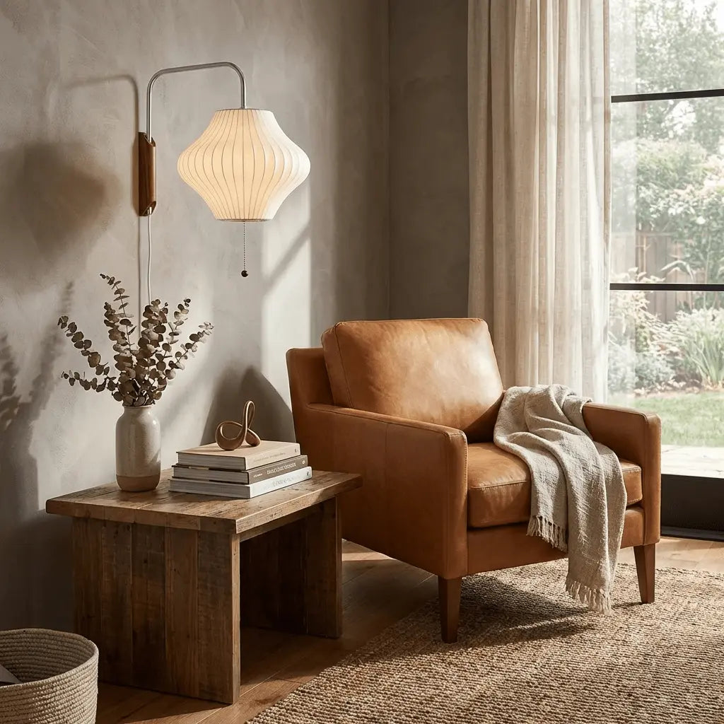 Silk Shade Flying Saucer Wall Sconce — Mid-Century Modern LED Wall Lamp with Swing Arm for Bedroom, Living Room, Study and Reading Nook, Walnut and Chrome Accent Erbstuk