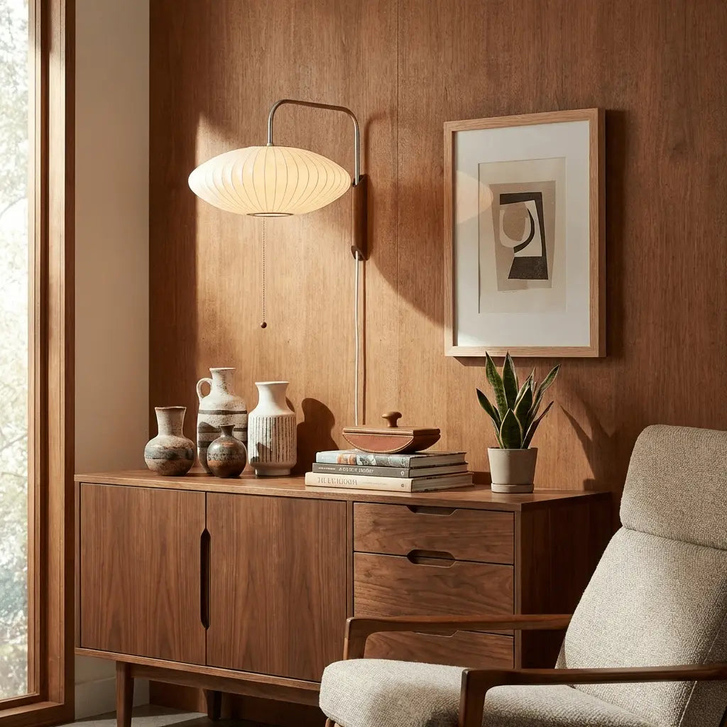 Silk Shade Flying Saucer Wall Sconce — Mid-Century Modern LED Wall Lamp with Swing Arm for Bedroom, Living Room, Study and Reading Nook, Walnut and Chrome Accent Erbstuk
