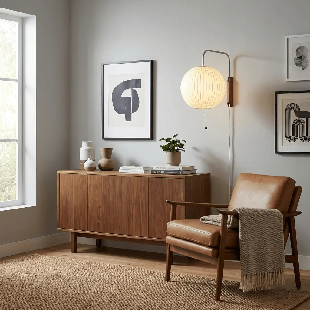 Silk Shade Flying Saucer Wall Sconce — Mid-Century Modern LED Wall Lamp with Swing Arm for Bedroom, Living Room, Study and Reading Nook, Walnut and Chrome Accent Erbstuk