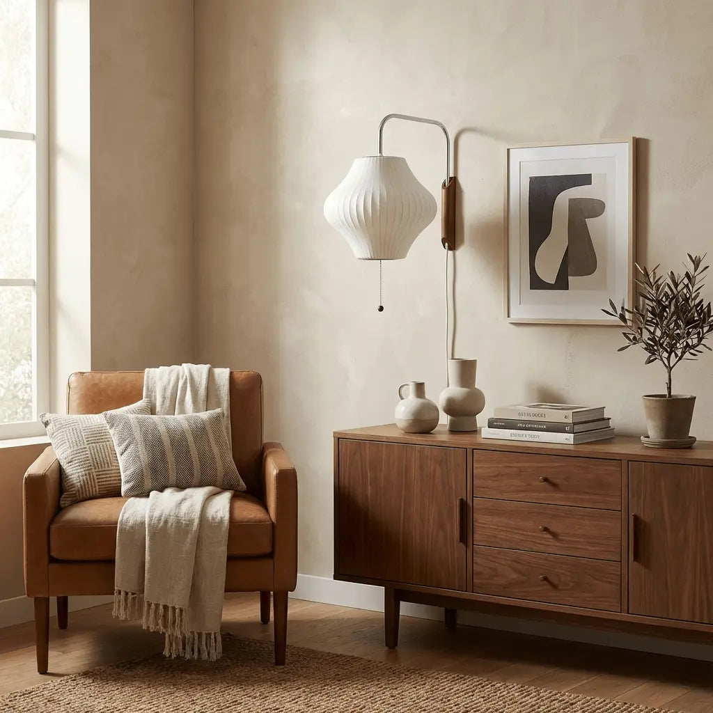Silk Shade Flying Saucer Wall Sconce — Mid-Century Modern LED Wall Lamp with Swing Arm for Bedroom, Living Room, Study and Reading Nook, Walnut and Chrome Accent Erbstuk