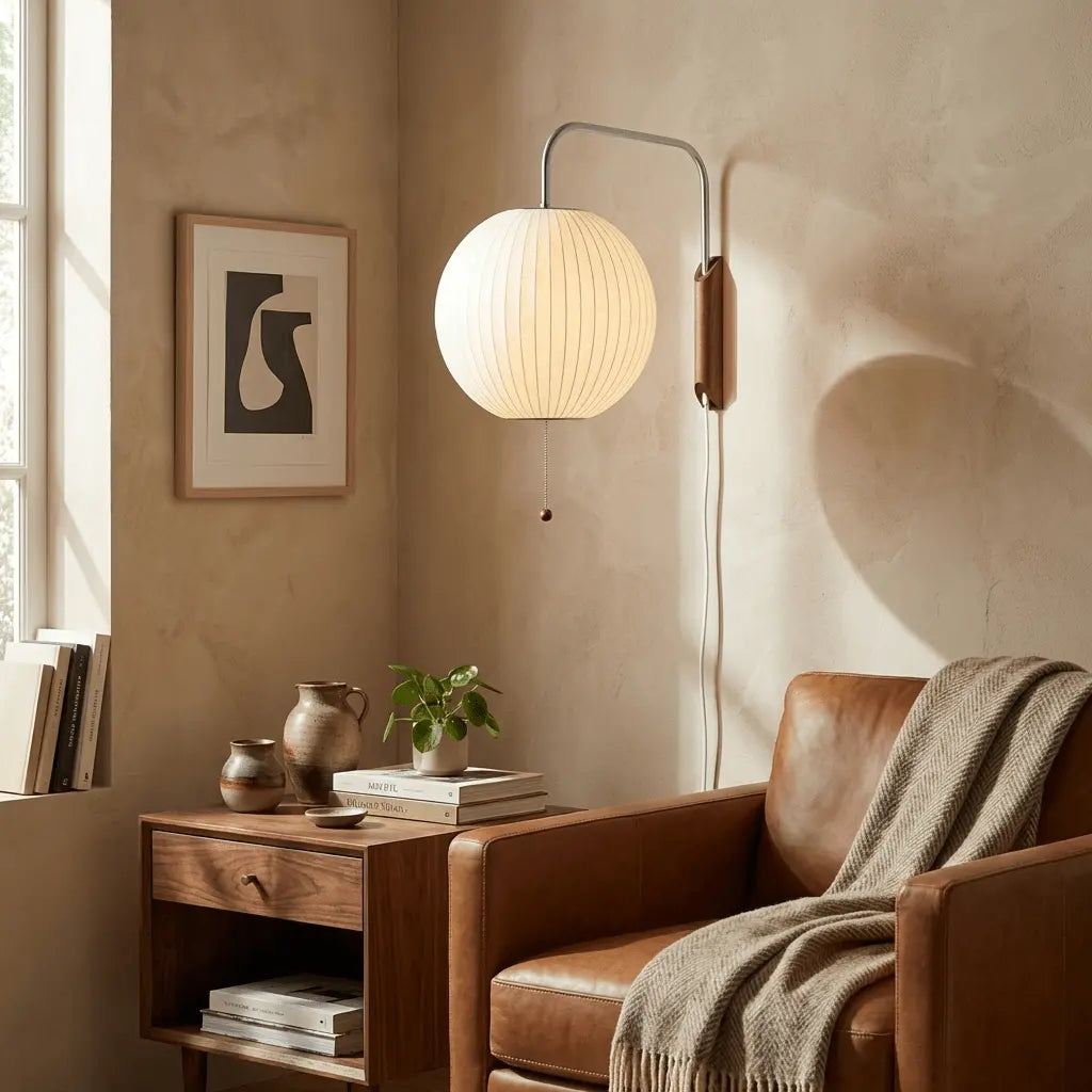 Silk Shade Flying Saucer Wall Sconce — Mid-Century Modern LED Wall Lamp with Swing Arm for Bedroom, Living Room, Study and Reading Nook, Walnut and Chrome Accent Erbstuk