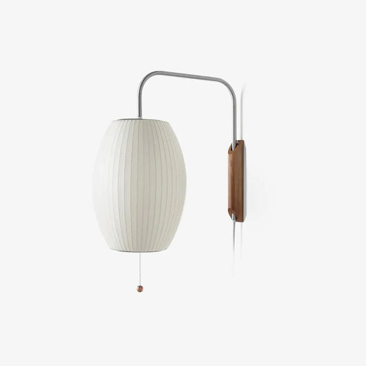 Silk Shade Flying Saucer Wall Sconce — Mid-Century Modern LED Wall Lamp with Swing Arm for Bedroom, Living Room, Study and Reading Nook, Walnut and Chrome Accent Erbstuk