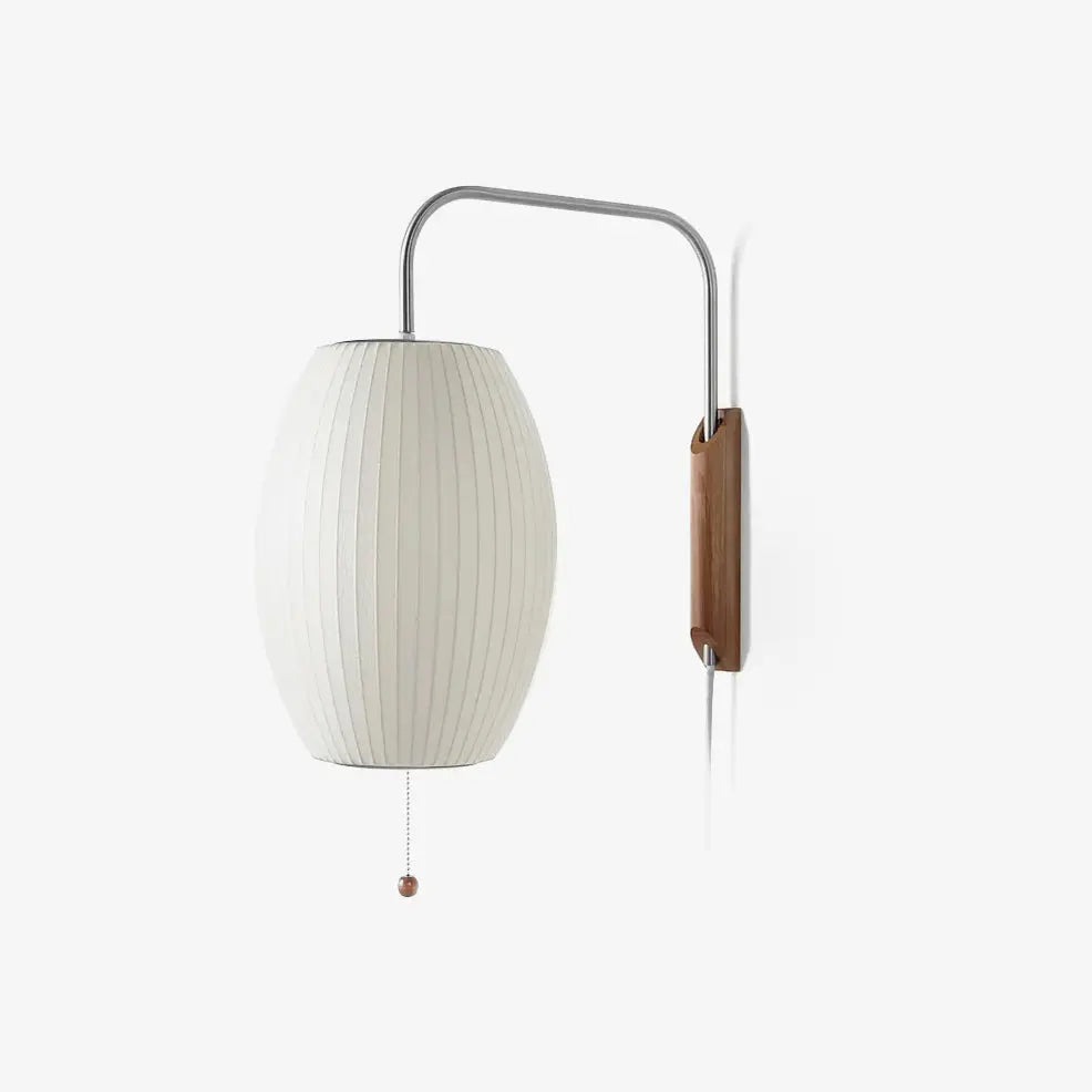 Silk Shade Flying Saucer Wall Sconce — Mid-Century Modern LED Wall Lamp with Swing Arm for Bedroom, Living Room, Study and Reading Nook, Walnut and Chrome Accent Erbstuk