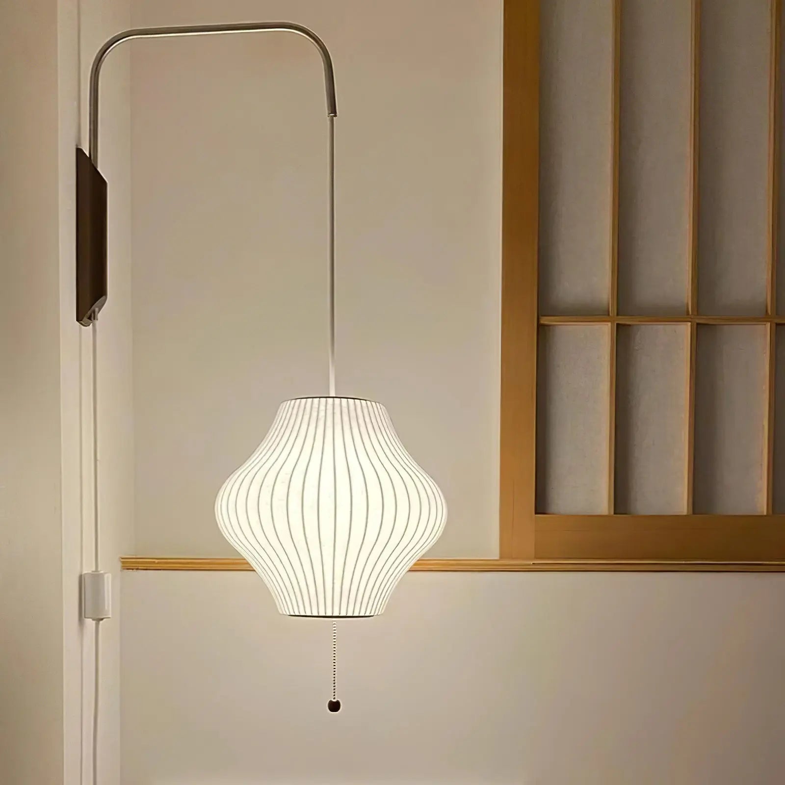 Silk Shade Flying Saucer Wall Sconce — Mid-Century Modern LED Wall Lamp with Swing Arm for Bedroom, Living Room, Study and Reading Nook, Walnut and Chrome Accent Erbstuk