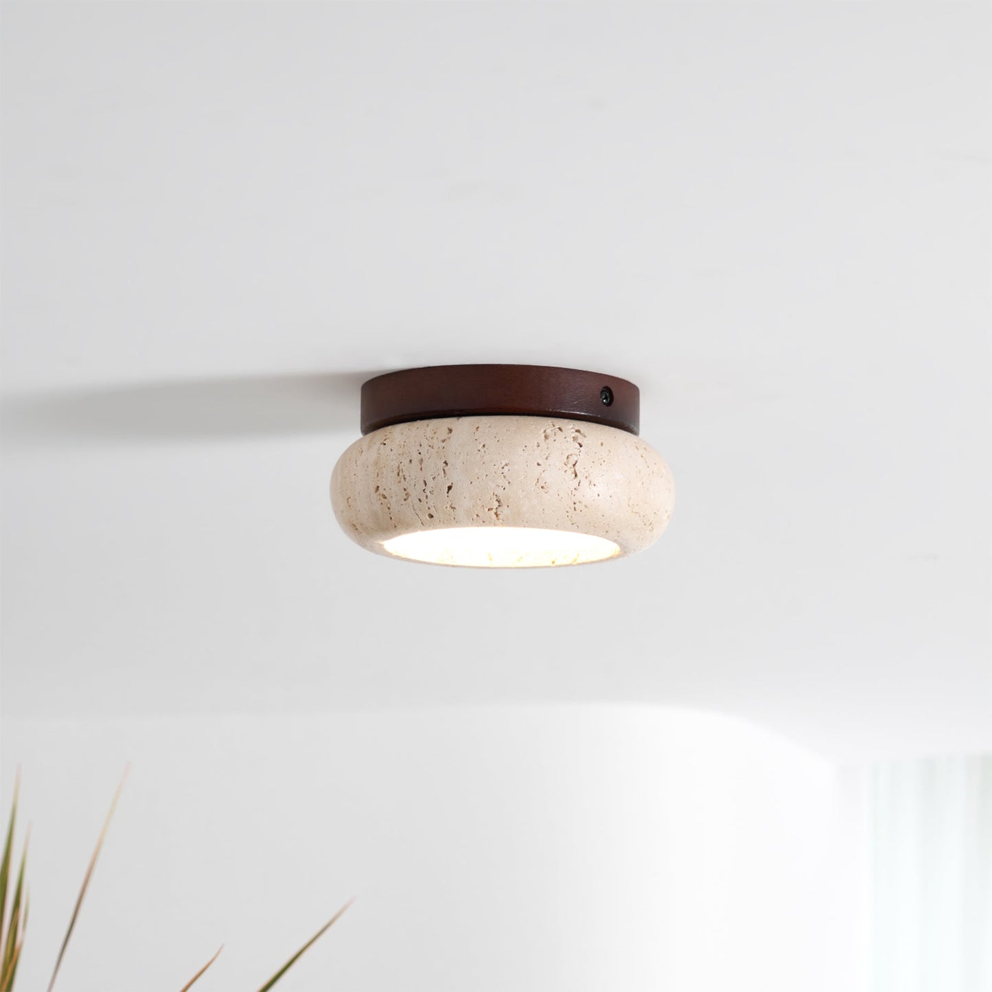 Mini Travertine & Wood Flush Mount Ceiling Light — 5.9″