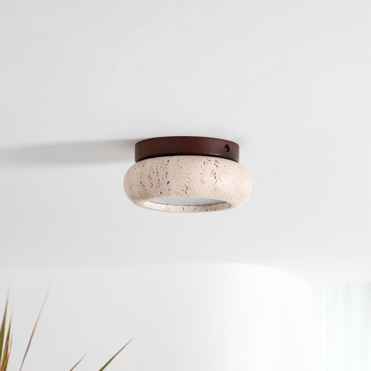 Mini Travertine & Wood Flush Mount Ceiling Light — 5.9″