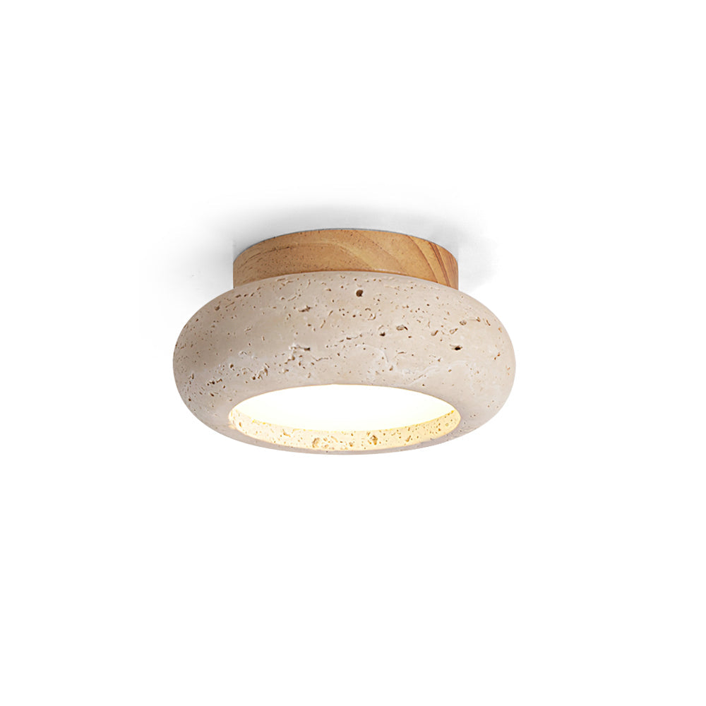 Mini Travertine & Wood Flush Mount Ceiling Light — 5.9″