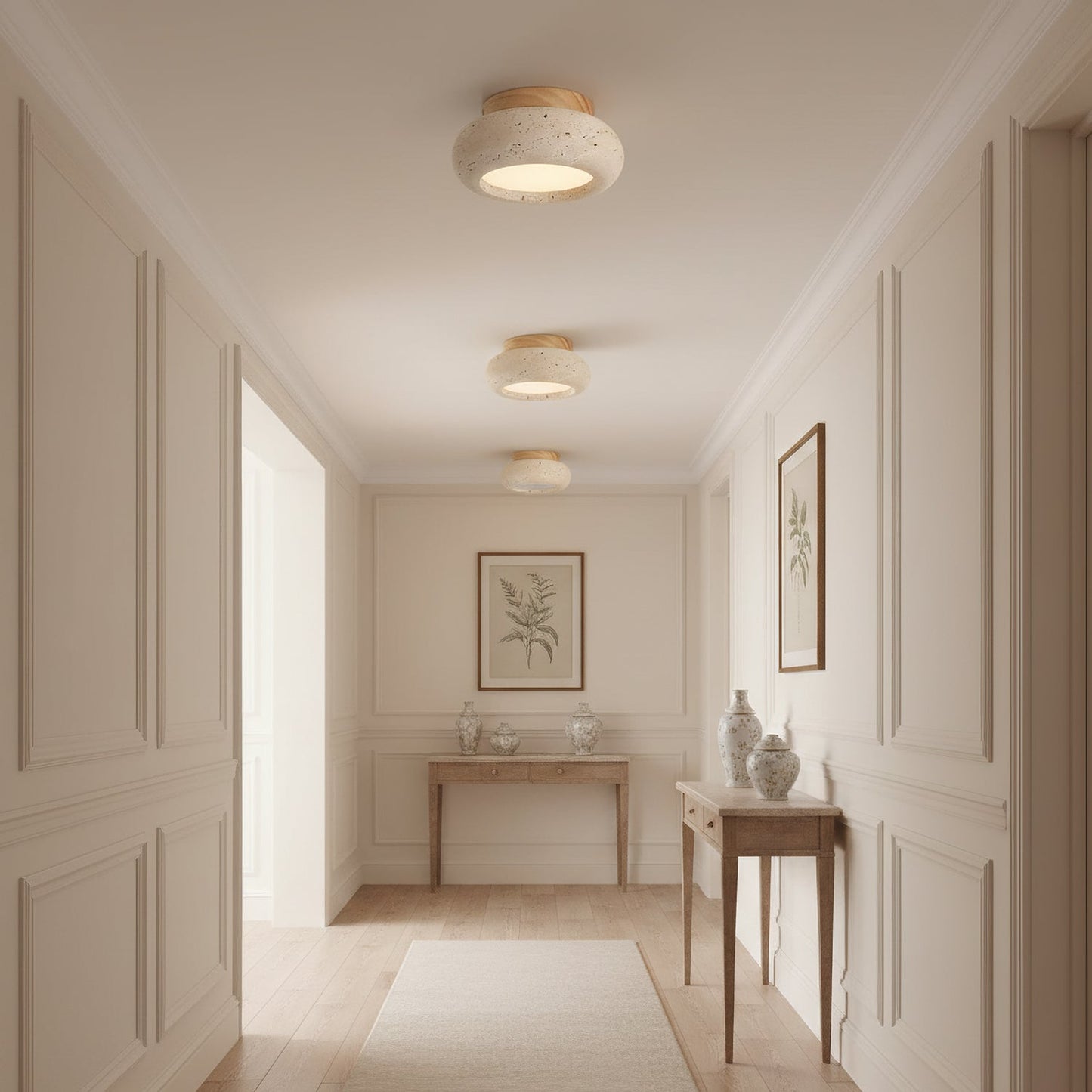 Mini Travertine & Wood Flush Mount Ceiling Light — 5.9″