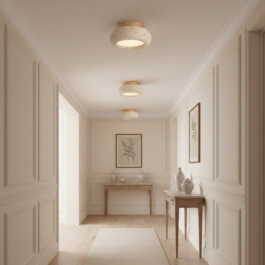 Mini Travertine & Wood Flush Mount Ceiling Light — 5.9″