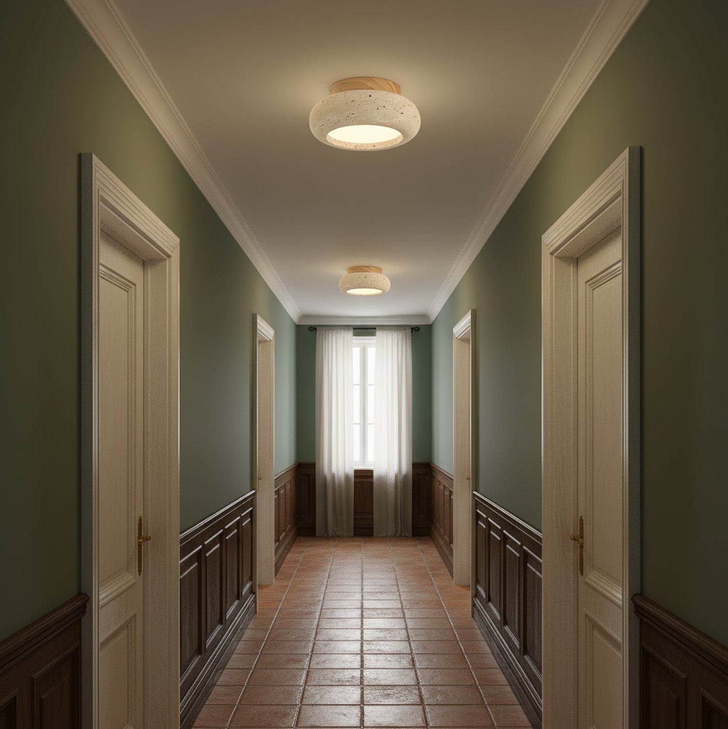 Mini Travertine & Wood Flush Mount Ceiling Light — 5.9″