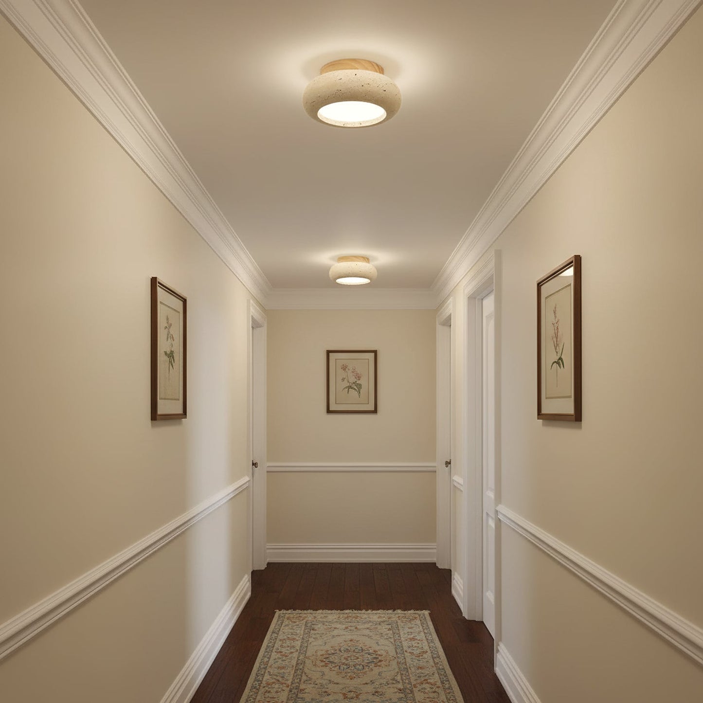 Mini Travertine & Wood Flush Mount Ceiling Light — 5.9″