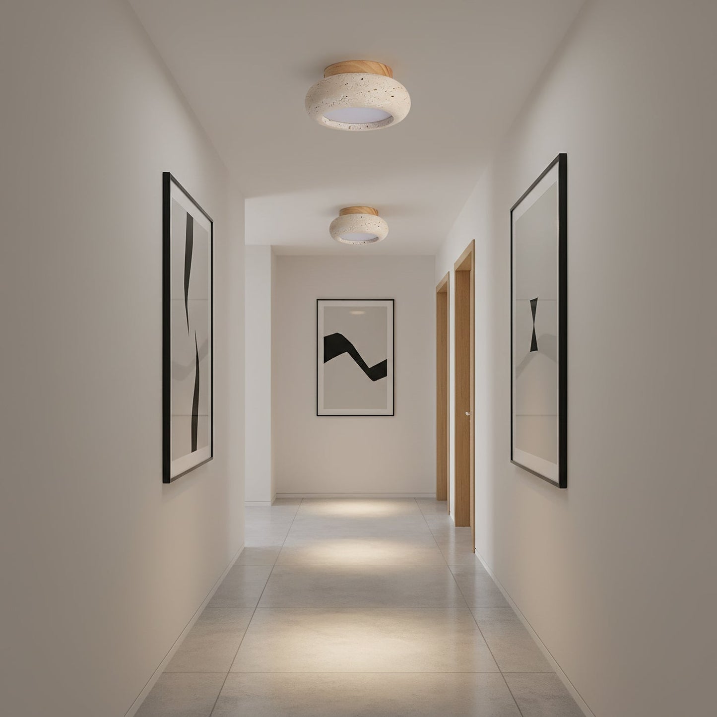 Mini Travertine & Wood Flush Mount Ceiling Light — 5.9″