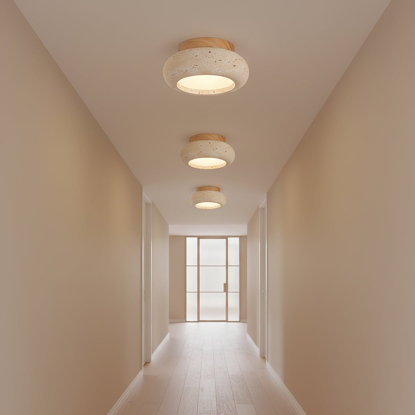 Mini Travertine & Wood Flush Mount Ceiling Light — 5.9″