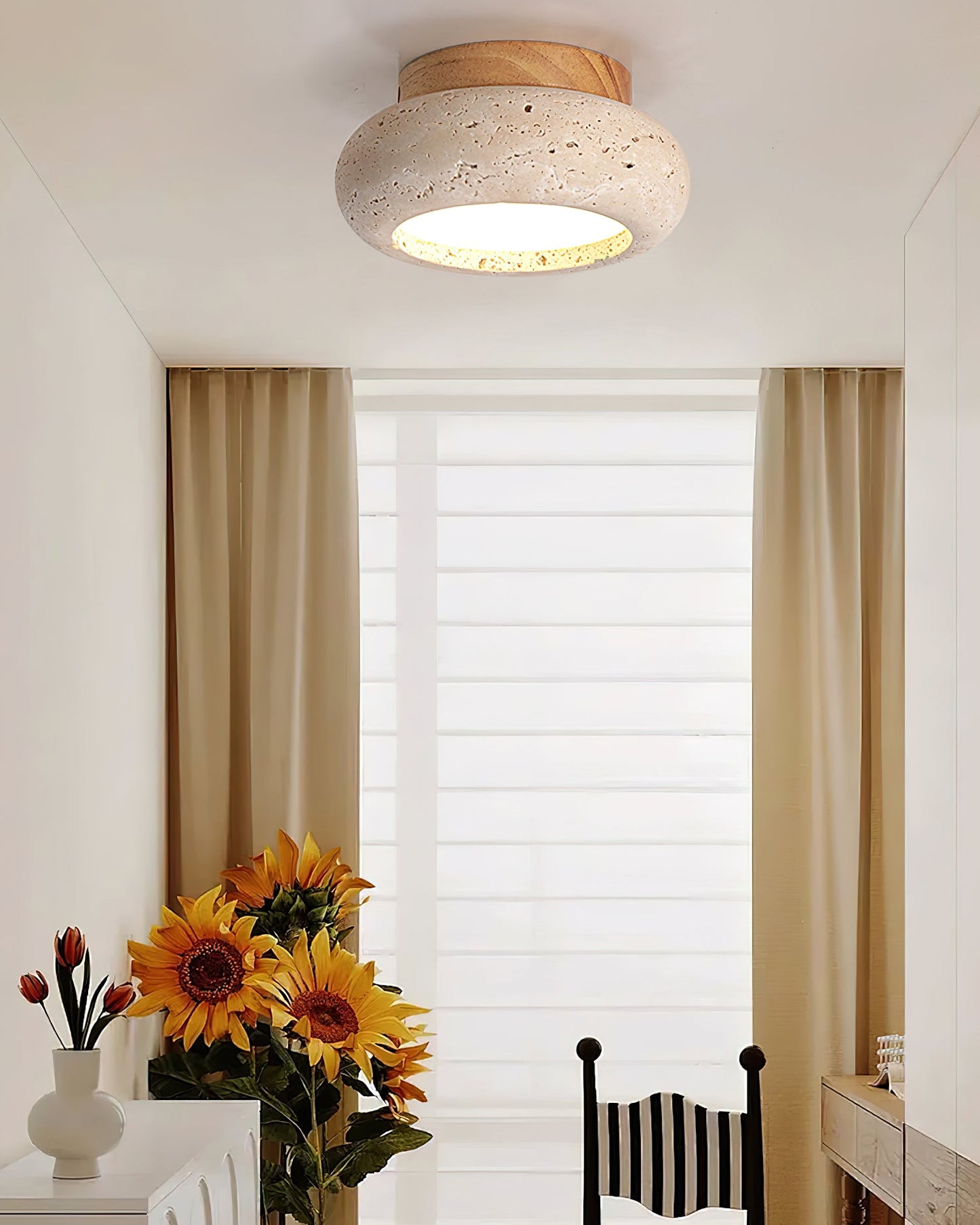 Mini Travertine & Wood Flush Mount Ceiling Light — 5.9″