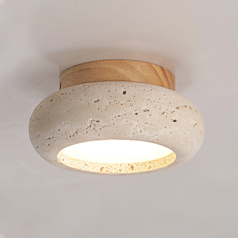 Mini Travertine & Wood Flush Mount Ceiling Light — 5.9″