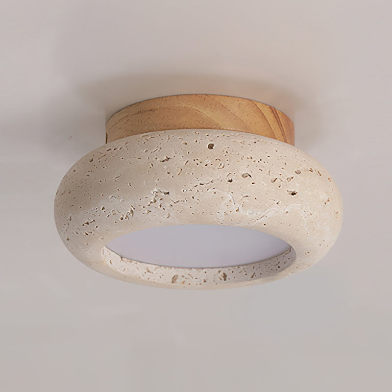 Mini Travertine & Wood Flush Mount Ceiling Light — 5.9″